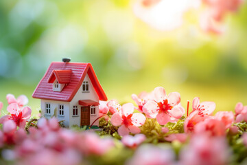 Mini toy house and cherry flowers. house on spring nature background. 