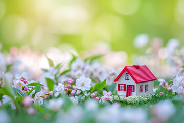Mini toy house and cherry flowers. house on spring nature background. 