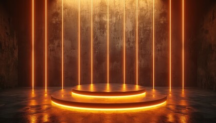 Gold empty podium floating in the air in dark scene with wall of line vertical gold neon lamps around