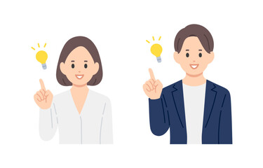 ひらめきのポーズをするビジネスパーソン男女のセット【人物ベクターイラスト素材】