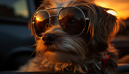 Cute puppy wearing sunglasses enjoys summer outdoors, looking at camera generated by AI