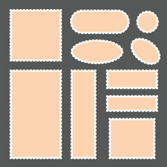 Postage stamp set. Cachets and postmarks with different landmarks illustrations. Realistic post stamps set. Postage Stamps in flat design. Blank Postage Stamps on isolated background.