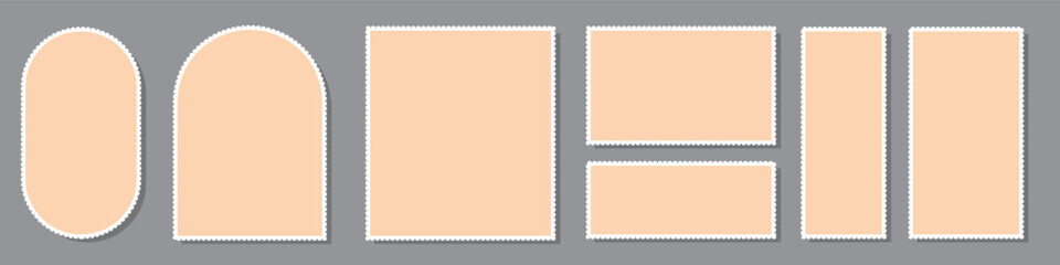 Blank postage stamps collection. Sticky paper stamp with shadow. Realistic post stamps set. Postage Stamps in flat design.