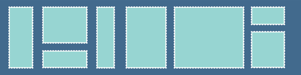 Postage stamp borders set vector. Realistic post stamps set. Blank postage Stamps in flat design. Cachets and postmarks with different landmarks illustrations 11:11