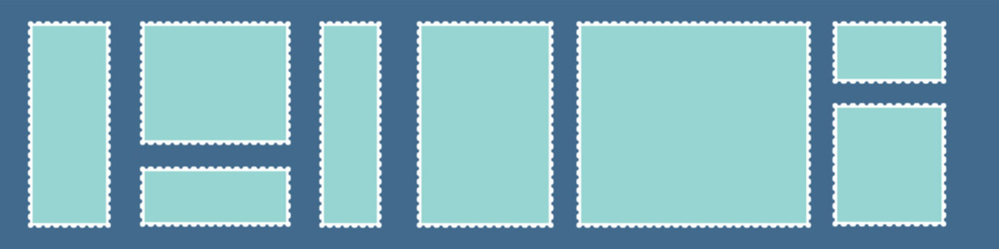 Postage stamp borders set vector. Realistic post stamps set. Blank postage Stamps in flat design. Cachets and postmarks with different landmarks illustrations 