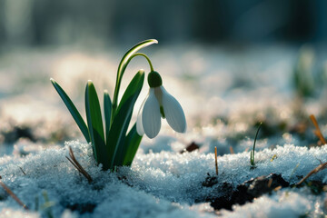 Snowdrop flower growing in snow in early spring forest