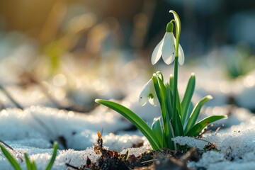 Snowdrop flower growing in snow in early spring forest