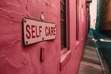 A sign that reads Self Care on a wall in a pink alley way, reflecting mental health and awareness. 