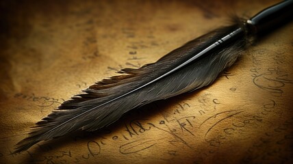 Quill pen lying on an open, vintage inkwell on handwritten pages