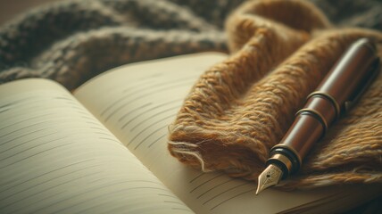 A fountain pen on an open lined journal with a warm scarf