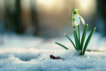 Snowdrop flower growing in snow in early spring forest - obrazy, fototapety, plakaty