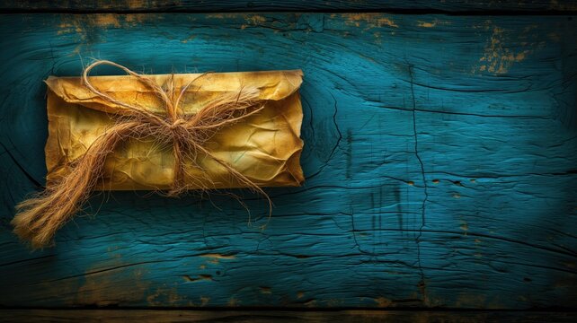 Wrapped package on a textured blue wood