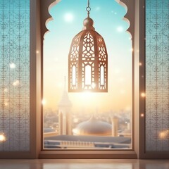 Eid mubarak and ramadan kareem greetings with islamic lantern and mosque. Eid al fitr background