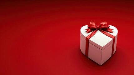 monochromatic red background. A white heart shaped gift box is prominently displayed wrapped with an elegant red ribbon tied into a bow. Ai generated