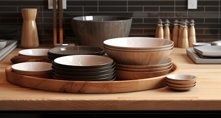 Fototapeta na wymiar Stacks of plates in a kitchen. generative AI