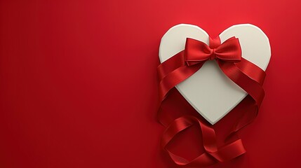 monochromatic red background. A white heart shaped gift box is prominently displayed wrapped with an elegant red ribbon tied into a bow. Ai generated - Powered by Adobe