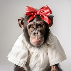 Monkey Wearing White Shirt and Red Bow - Adorable Primate Photograph
