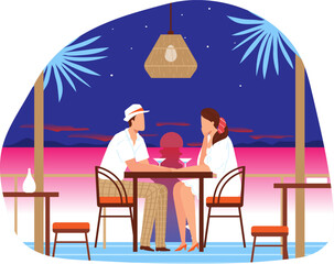 Couple sitting at beach restaurant during sunset. Romantic dinner with ocean view, tropical setting. Love, relationship and vacation concept vector illustration.