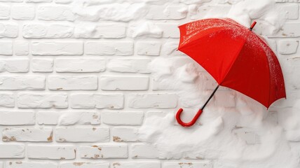 Red umbrella on a snowy white brick wall, winter concept