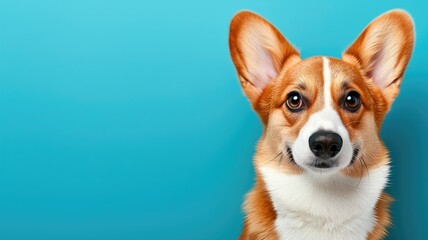 Corgi against a bright blue background, looking up