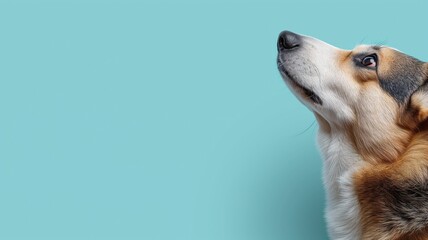 A beagle looking up, profile against a soft blue background