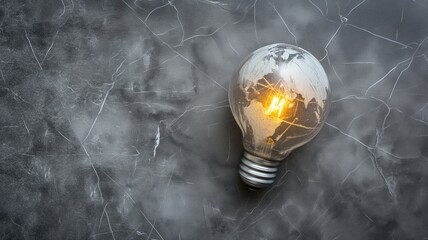 Light bulb with world map filament on gray background