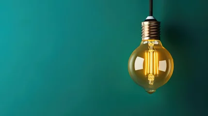 Foto op Plexiglas A shining incandescent lamp In front of a green wall. generative AI © original logo