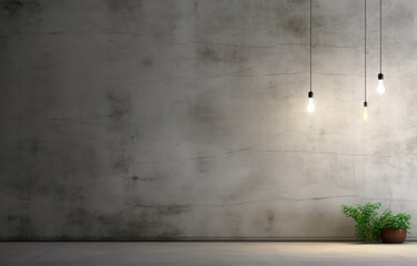 A hanging lamp burns brightly in front of a textured gray wall with an empty space beside it. generative AI