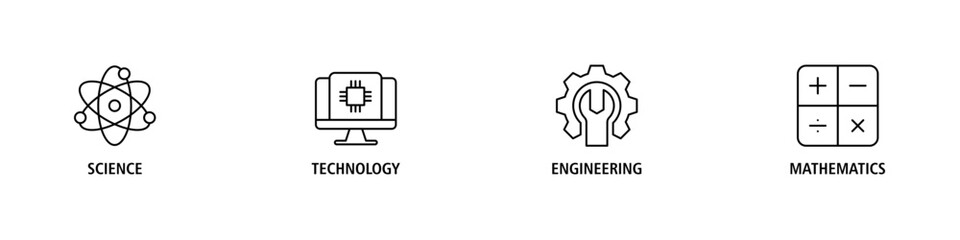 STEM banner web icon vector illustration concept for science, technology, engineering, mathematics education with icon of flask, microscope, artificial intelligence, processor, machine, and calculator © santerabos
