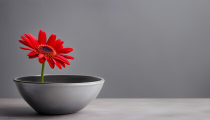 Red daisy in a bowl on grey background