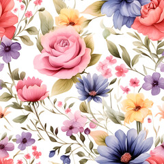 Watercolor seamless pattern with spring floral bouquets. Vintage botanical illustration, Elegant decoration for any kind of a design, Fashion print with colorful abstract flowers. Hand draw artwork