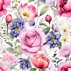 Obraz premium Watercolor seamless pattern with spring floral bouquets. Vintage botanical illustration, Elegant decoration for any kind of a design, Fashion print with colorful abstract flowers. Hand draw artwork