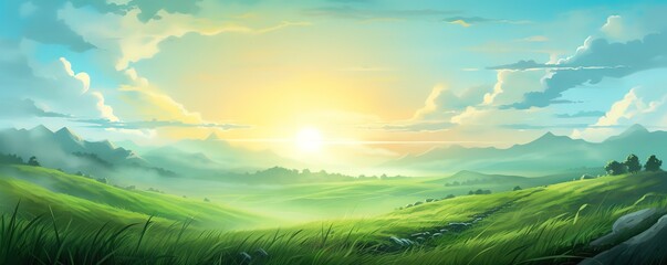 Obraz premium An illustration of a landscape with green grass and bright sunlight. Generative AI