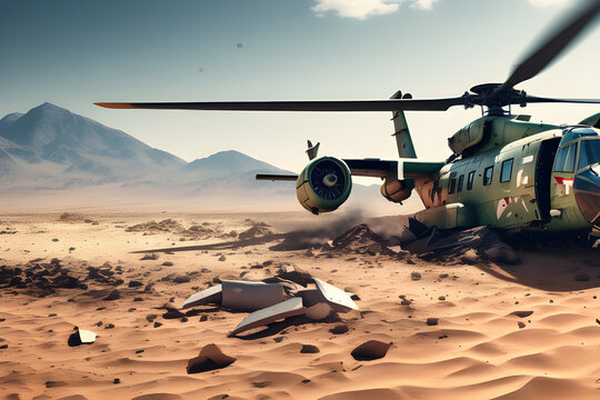 Remains of battle: After-effects and mission failures of a crashed military air force helicopter cut off in the middle of the desert, marked by a wide banner with radiant space area generative ai