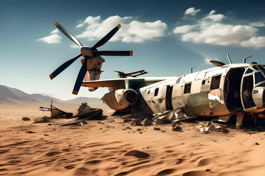 Remains of battle: After-effects and mission failures of a crashed military air force helicopter cut off in the middle of the desert, marked by a wide banner with radiant space area generative ai
