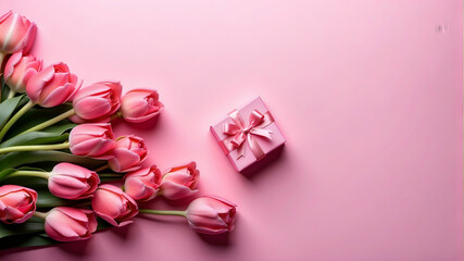 pink tulips and gift on a pink background, top view, copy text,  women's day and mother's day	