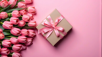 pink tulips and gift on a pink background, top view, copy text,  women's day and mother's day	