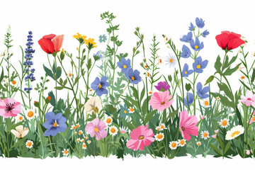 Summer floral wild meadow seamless border. Spring flowers and green branches.