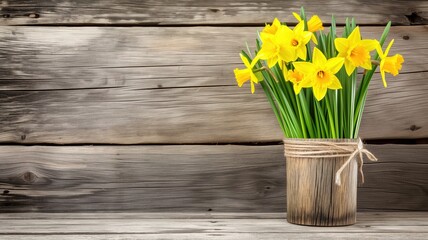 Daffodils in a rustic pot against an old wooden backdrop