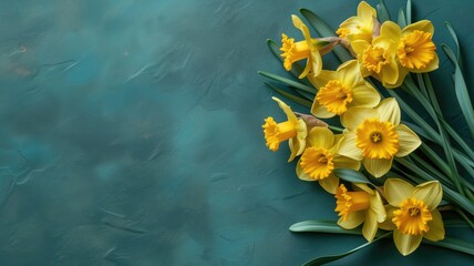 Yellow daffodils on a textured teal background