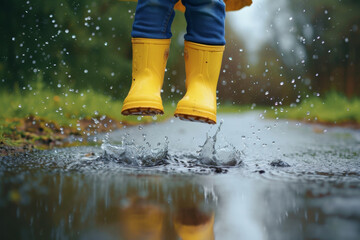 Feet of child in yellow rubber boots jumping over a puddle in the rain 