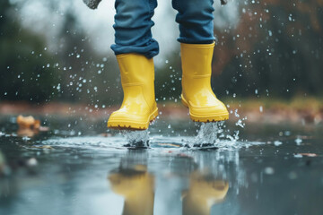 Feet of child in yellow rubber boots jumping over a puddle in the rain 