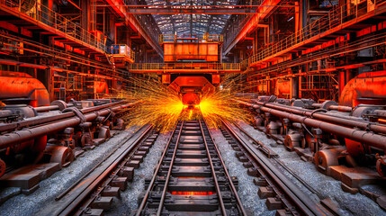 Heavy Industrial Scene: Steel Manufacturing in a Factory with Hot, Molten Metal and Equipment in a Metallurgical Plant