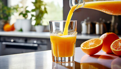 Pouring fresh orange juice into a glass with fresh fruits in background
