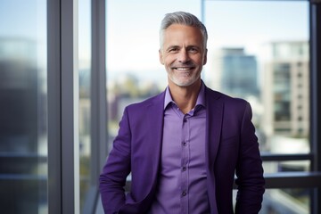 Fototapeta premium A Confident, Middle-Aged Man in a Deep Purple Dress Shirt, Smiling Broadly at the Camera, Surrounded by a Beautiful, Modern Office Space with Tall Glass Windows Overlooking the Bustling City Below