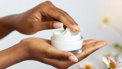 Woman holding jar of moisturizing face cream, closeup. Beauty treatment concept