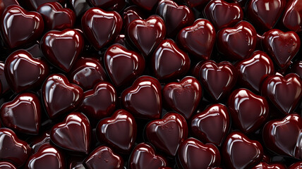 Dark chocolate hearts pattern on red background