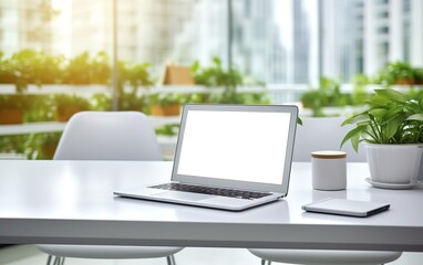 A laptop with a white screen in the photo in a clean room. generative AI