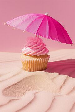 a pink bright pastel and sand background with cupcake under the sunshade, retro style of bold minimalism