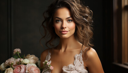 Naklejka premium Beautiful bride with long curly hair looking at camera, smiling generated by AI